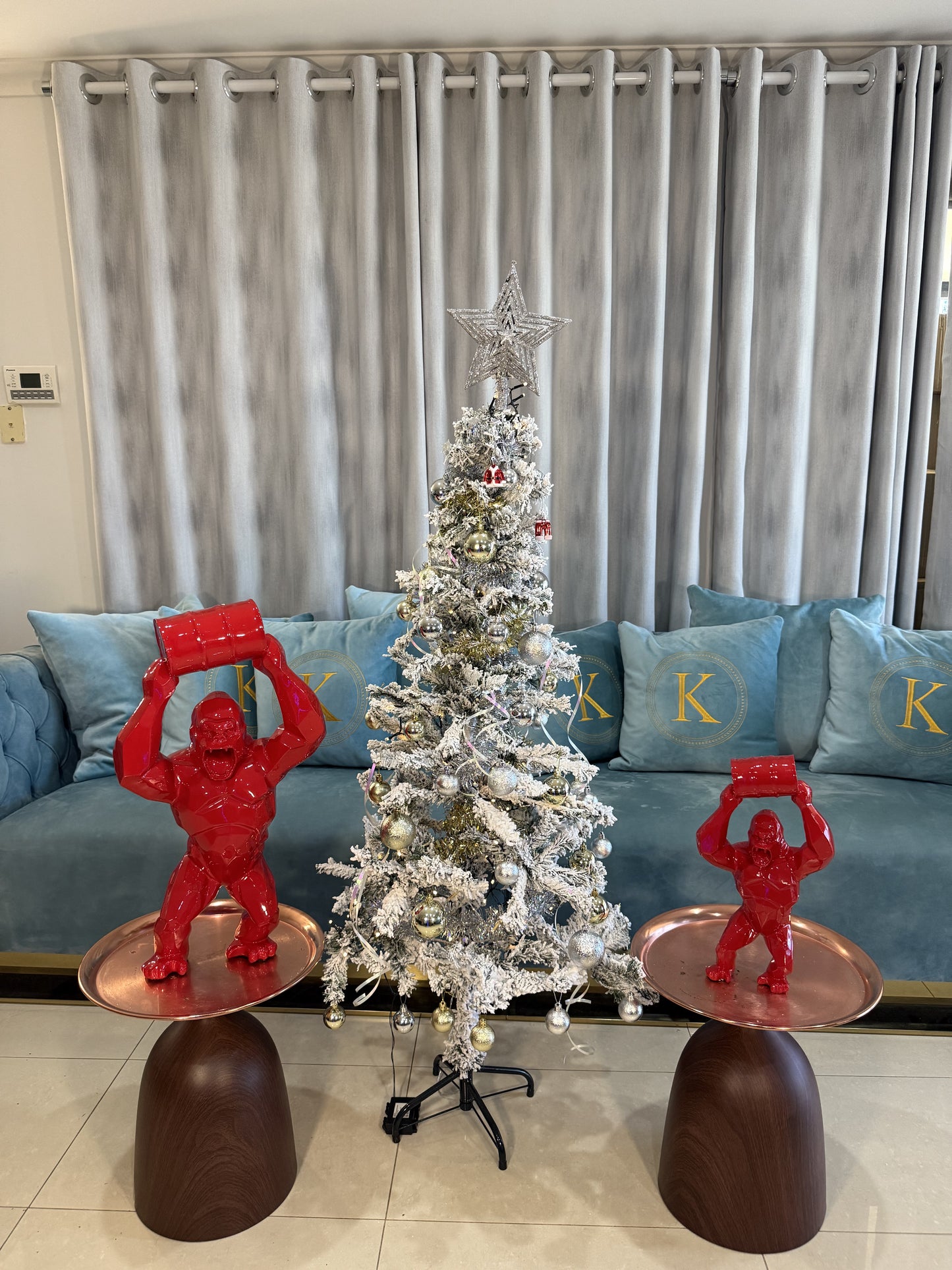 Red Gorilla Statue with Barrel