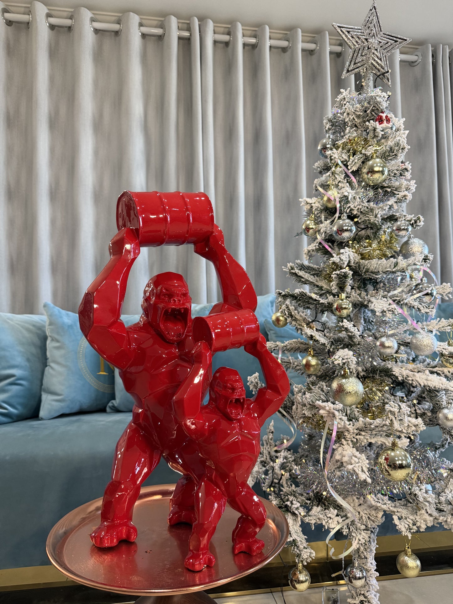 Red Gorilla Statue with Barrel