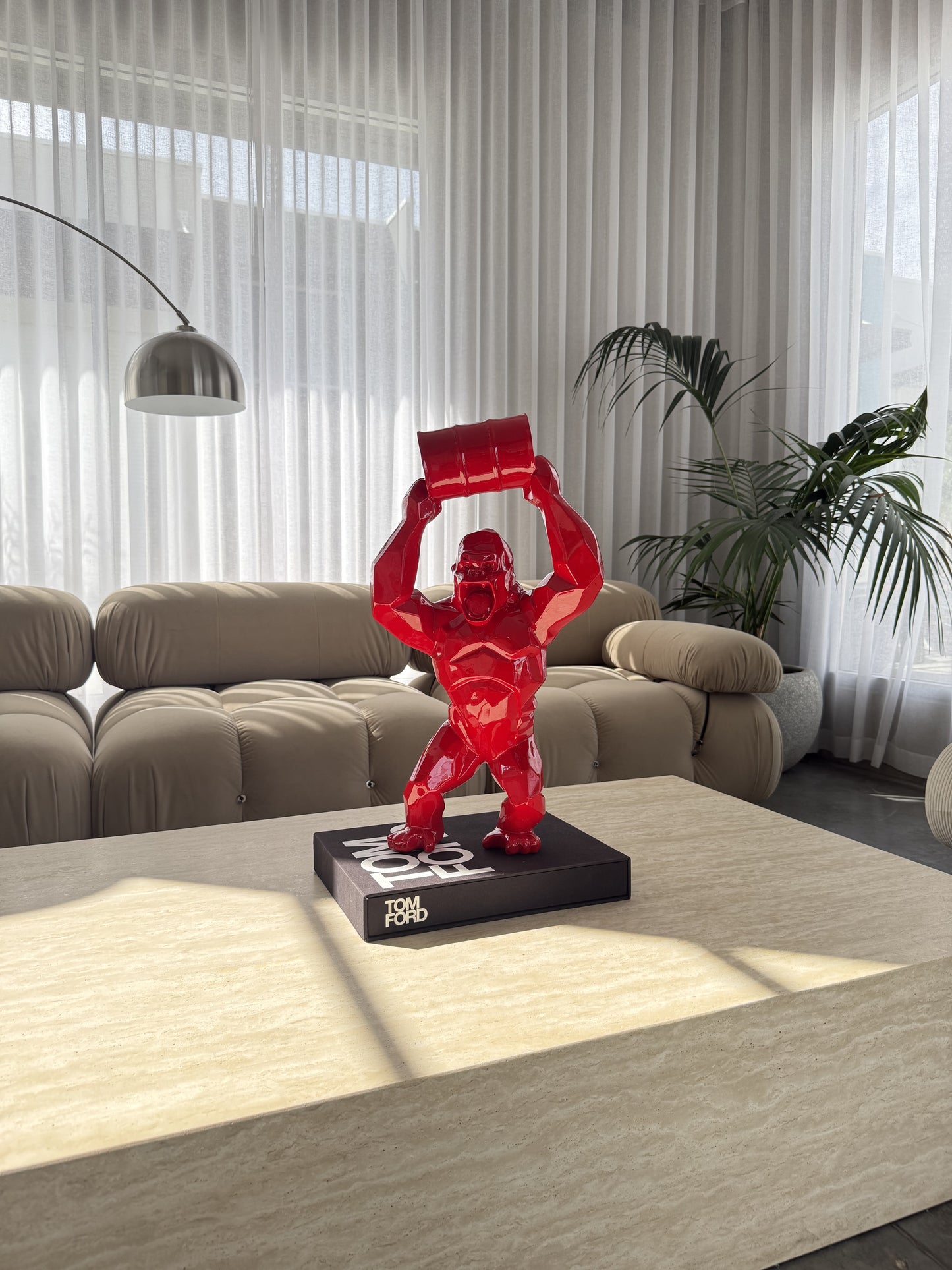 Red Gorilla Statue with Barrel