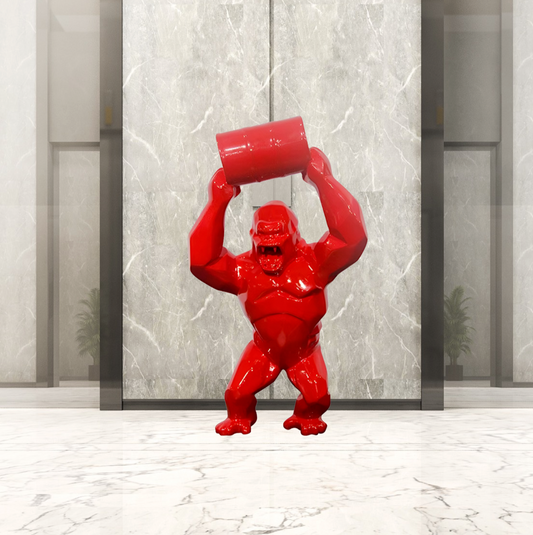 Red Gorilla Statue with Barrel